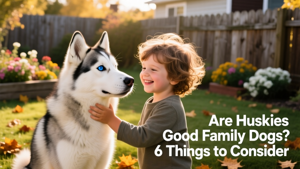 A smiling child gently petting a friendly Siberian Husky in a sunlit backyard
