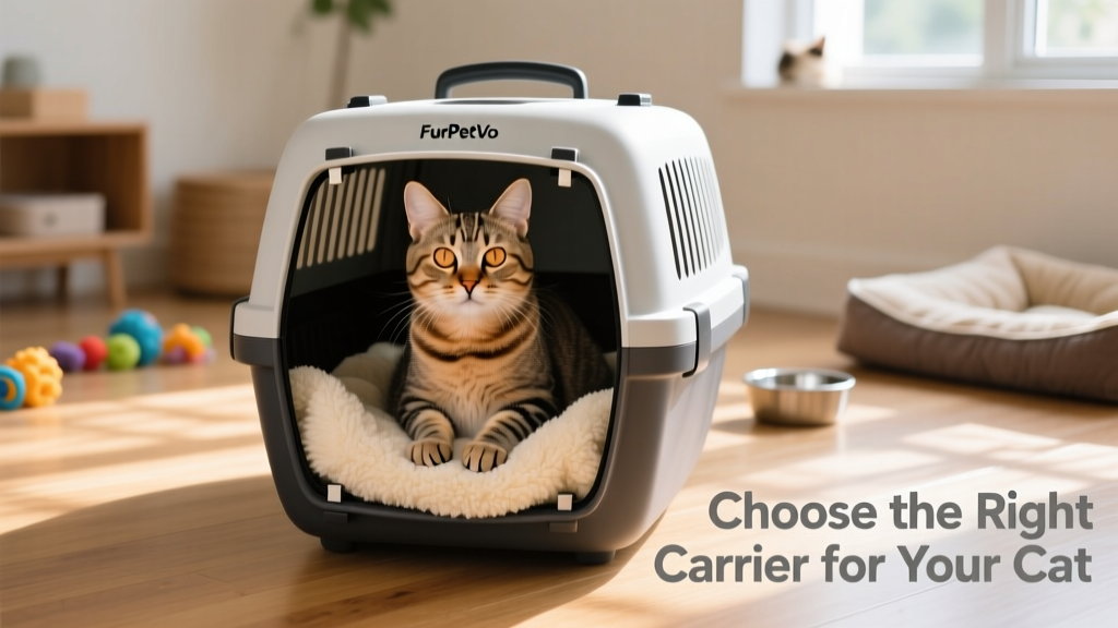A calm cat sitting inside an open FurPetVo hard-sided carrier with a soft blanket