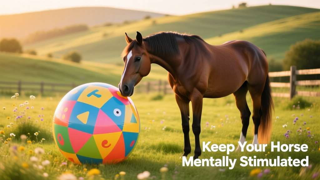 A horse gently nudging a large colorful ball in a sunny pasture