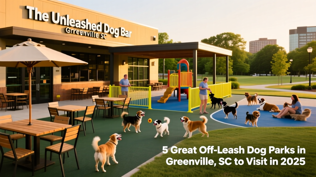 The Unleashed Dog Bar exterior showing outdoor seating, a covered dog play area, and happy dogs and owners socializing