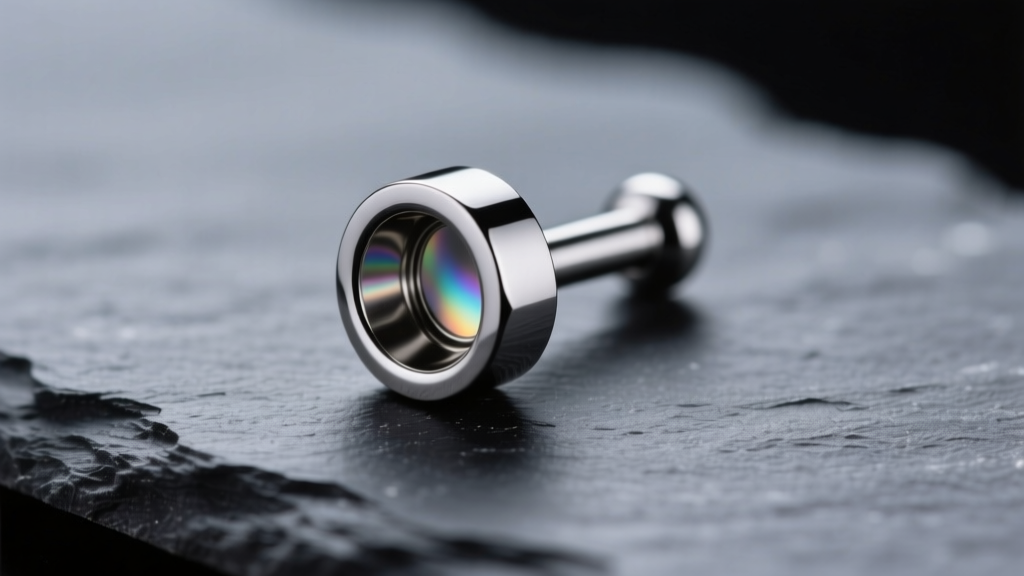 Macro shot of polished implant-grade titanium labret stud from Shining Light body jewelry on dark slate under soft studio lighting.