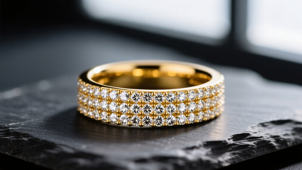 Close-up of an 18k yellow gold bespoke diamond engagement ring resting on dark slate, highlighting intricate pavé setting details.