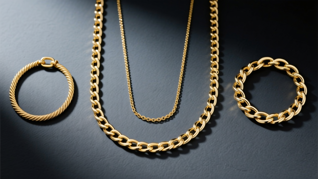 Flat lay of five gold chain necklaces including cable, curb, Figaro, rope, and box links on dark slate.