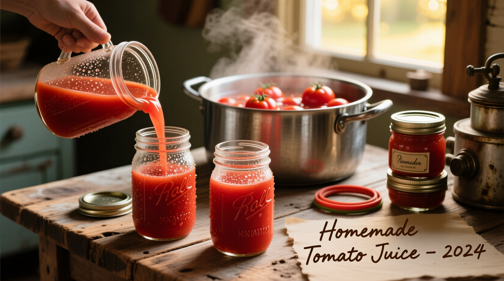 Fresh tomato juice in mason jars with canning equipment
