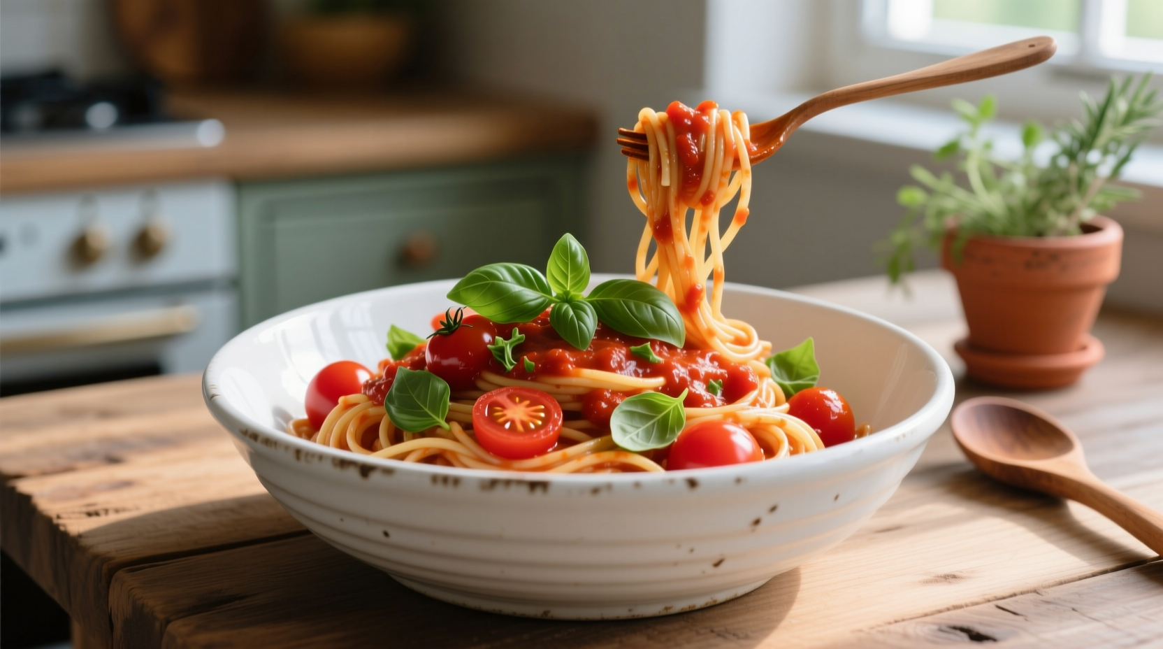 Fresh tomato basil spaghetti in white ceramic bowl