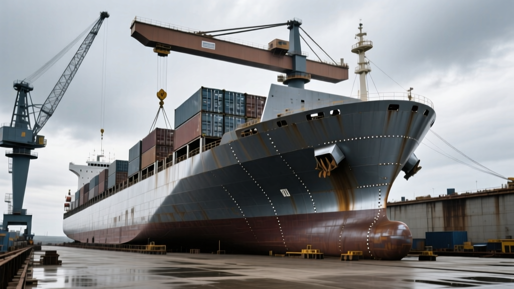 Massive ultra-large container vessel hull under construction in a dry dock, with giant gantry cranes lifting steel hull sections against a cloudy sky