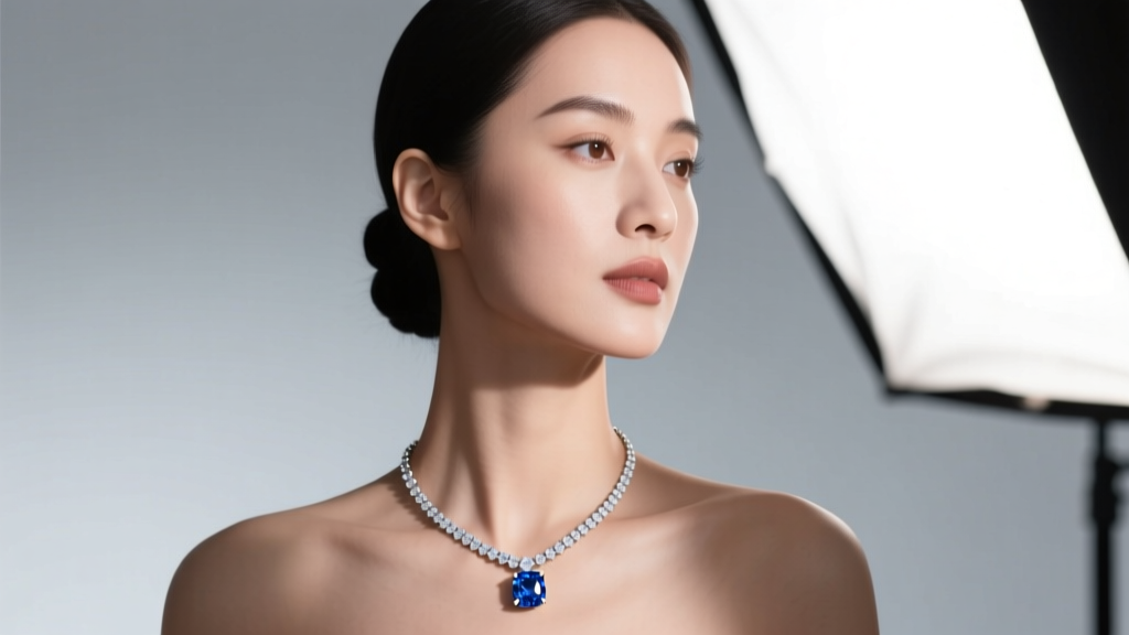 Woman wearing a 3-carat irradiated blue diamond solitaire necklace on an 18k white gold chain against a soft studio backdrop