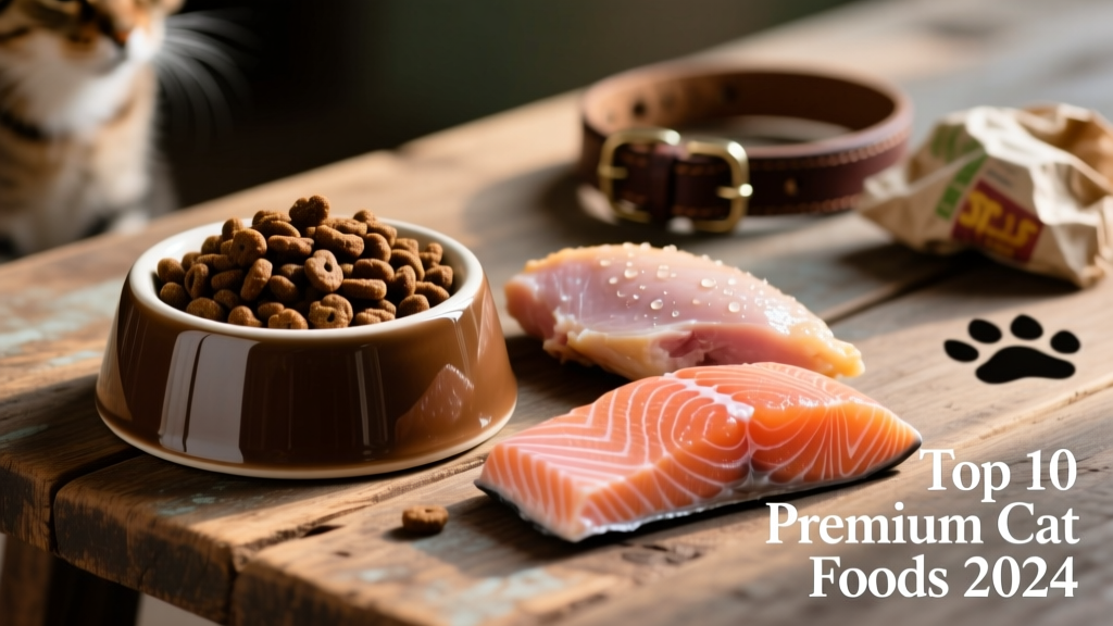 Close-up of a glossy, meaty kibble bowl beside a fresh chicken breast and salmon fillet, highlighting premium animal-sourced ingredients