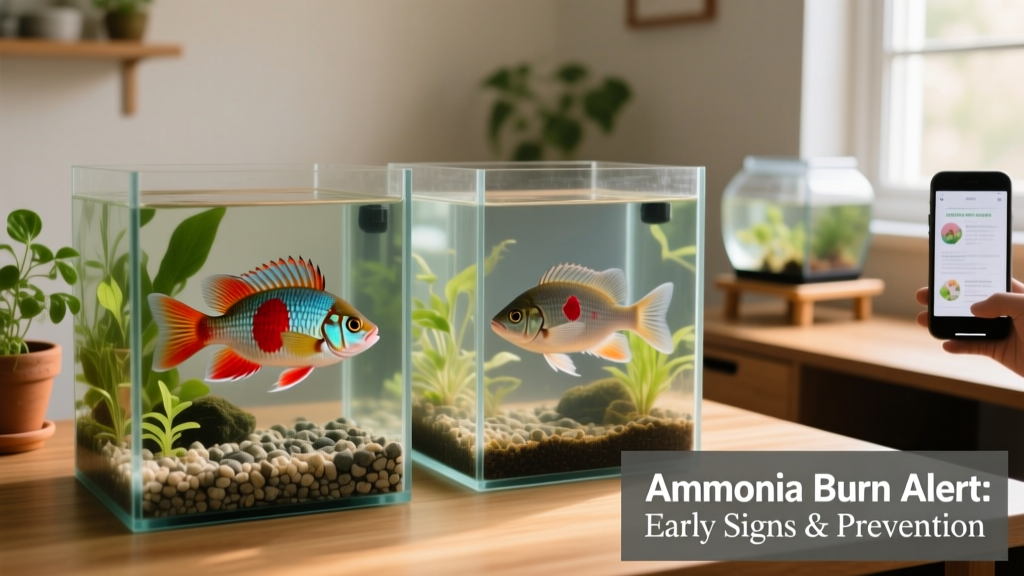 Side-by-side comparison: healthy fish versus fish showing early ammonia burn symptoms—red patches on flank and slight fin erosion