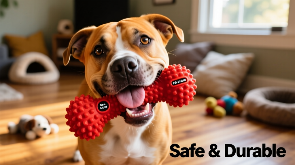 Close-up of a Pit Bull happily chewing on a bright red, textured dog toy with visible safety indicator