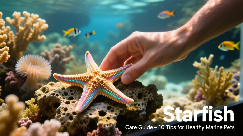 Hand placing a starfish gently onto live rock in a well-maintained reef aquarium