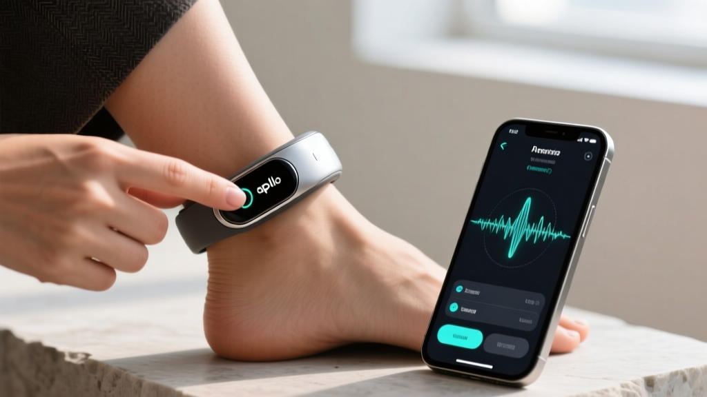Close-up of a woman adjusting the Apollo Neuro wearable on her ankle while checking the haptic intensity settings on her smartphone screen.