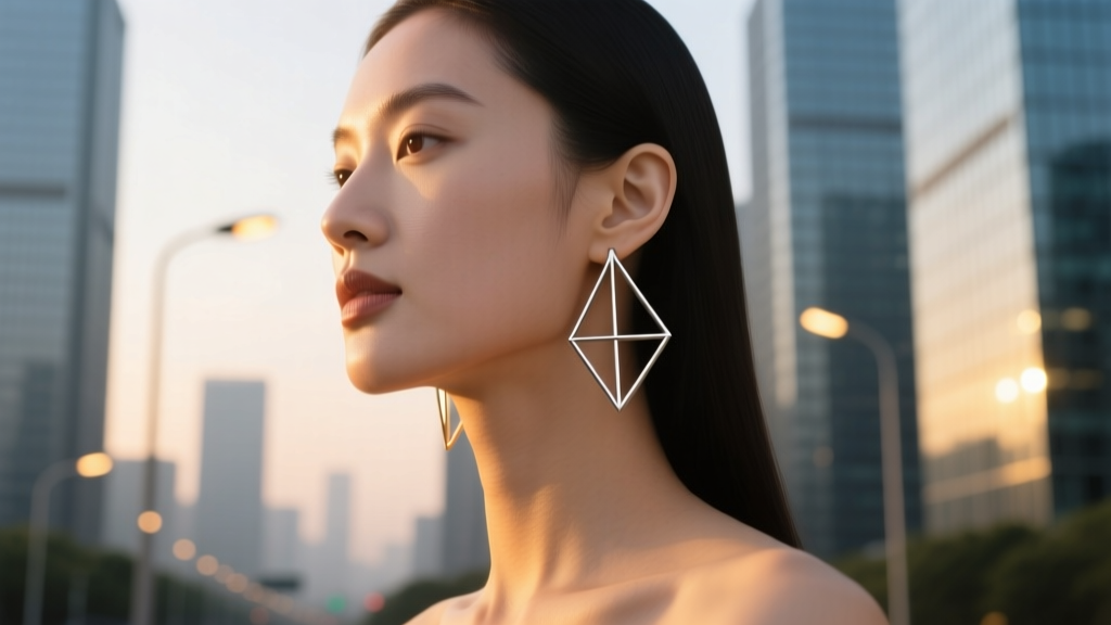 Woman wearing minimalist titanium wire frame lobe earrings, highlighting clean lines against a softly blurred urban backdrop.
