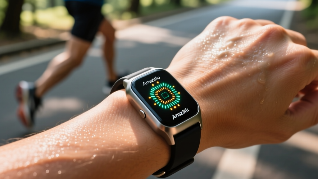 Macro shot of the Amazfit Helio Strap optical PPG sensor array pressed against the skin just above the wrist bone during a run.
