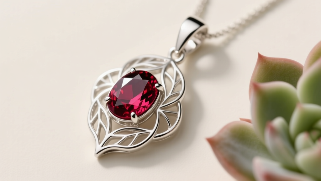 Side profile of a sterling silver echeveria succulent pendant with bezel-set oval rubies under soft directional studio lighting