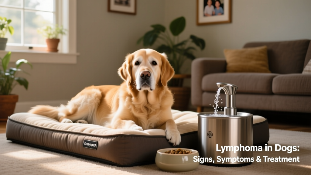 Happy senior dog resting comfortably on a plush orthopedic bed beside a water fountain and food bowl