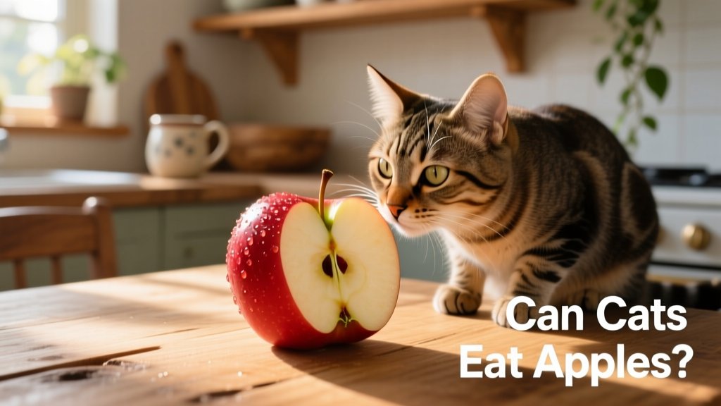 A close-up of a fresh, red apple slice next to a curious cat sniffing it