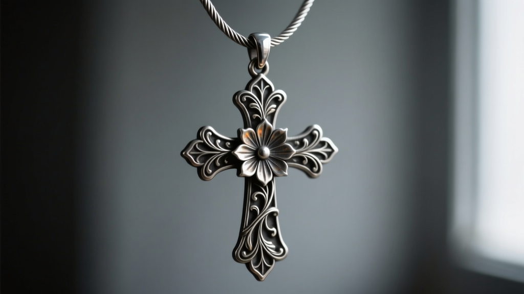 Close-up of an oxidized sterling silver Floral Cross pendant on a cable chain, moody lighting highlighting gothic details.