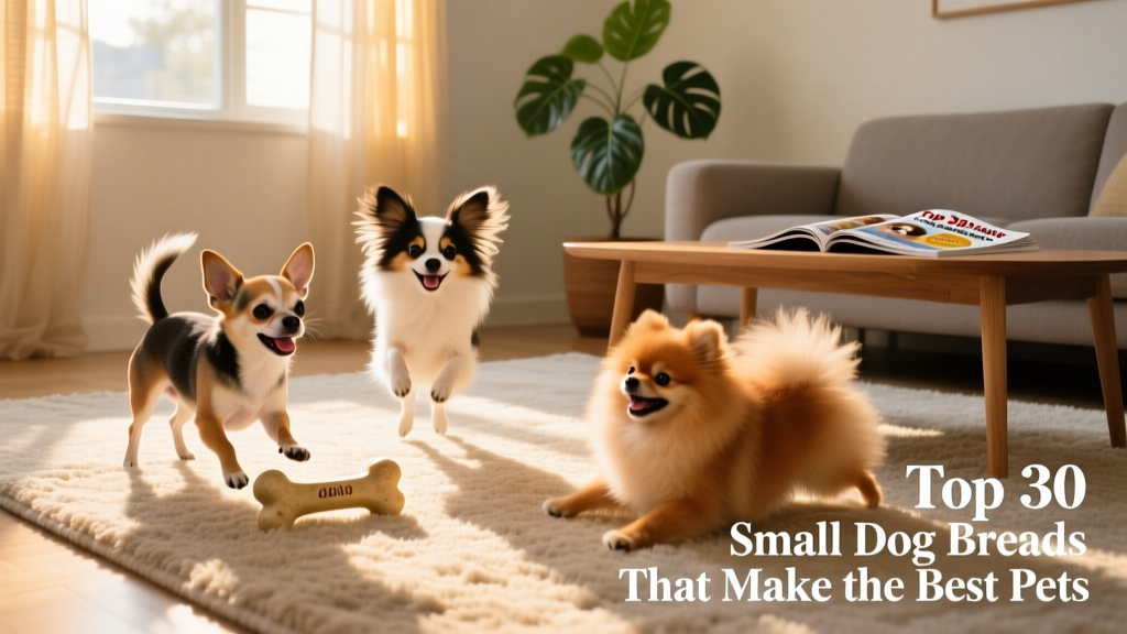 A joyful mix of small dog breeds—Chihuahua, Papillon, and Pomeranian—playing together on a sunlit living room rug