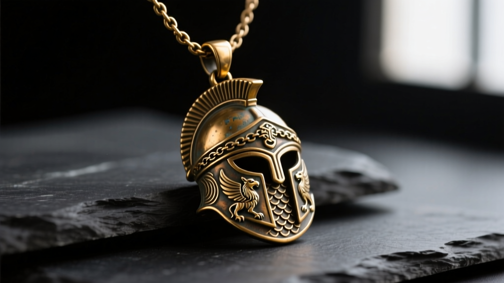 Close-up of a heavy cast bronze Talos necklace pendant featuring ancient Greek armor motifs resting on dark slate.