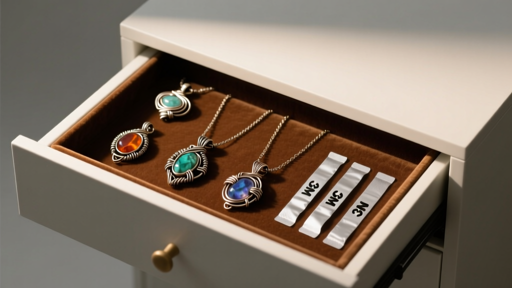 Velvet drawer displaying finished wire wrapped pendants alongside 3M anti-tarnish strips under warm, even studio lighting setup.