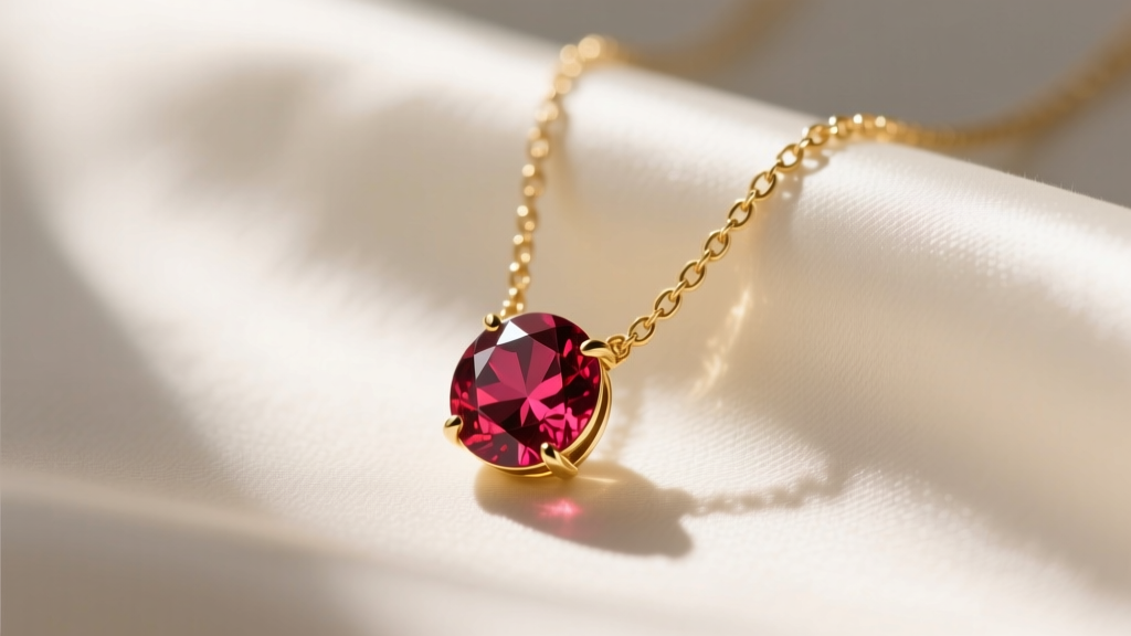 Close-up of a delicate 14k gold birthday necklace with a lab-grown ruby pendant resting on silk fabric in soft morning light.