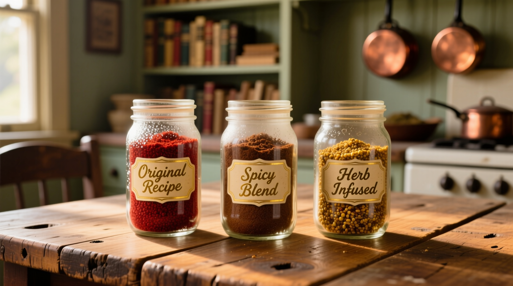 Corned beef spices in glass jars on wooden table