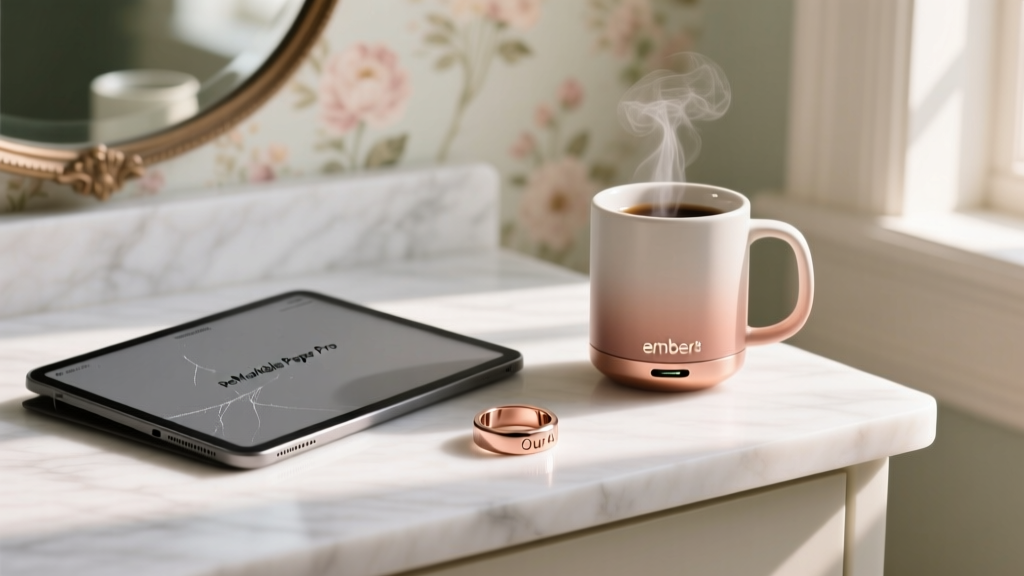 Elegant flat lay of rose gold Oura Ring 4, reMarkable Paper Pro tablet, and Ember Mug 3 on a marble vanity with soft morning sunlight