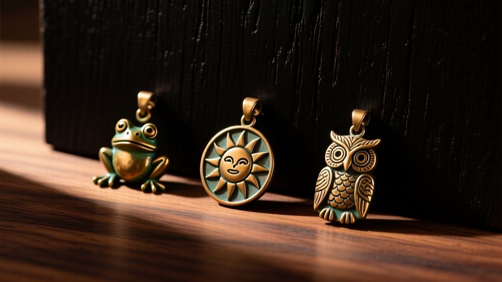 Flat lay of three bronze Taíno zemi pendants showing frog, sun, and owl motifs, lit by warm directional sunlight on dark wood.
