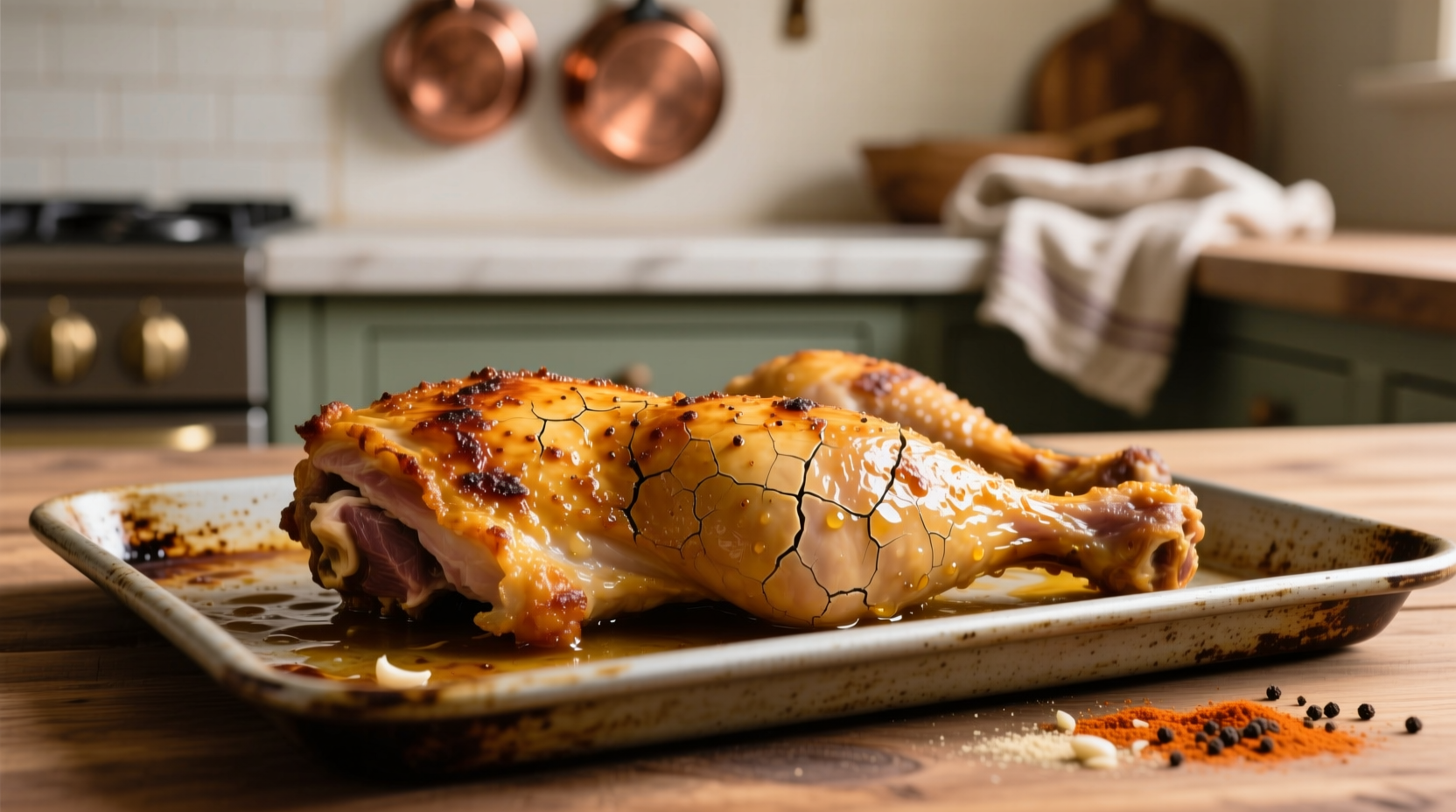 Golden brown chicken legs with crispy skin on baking sheet
