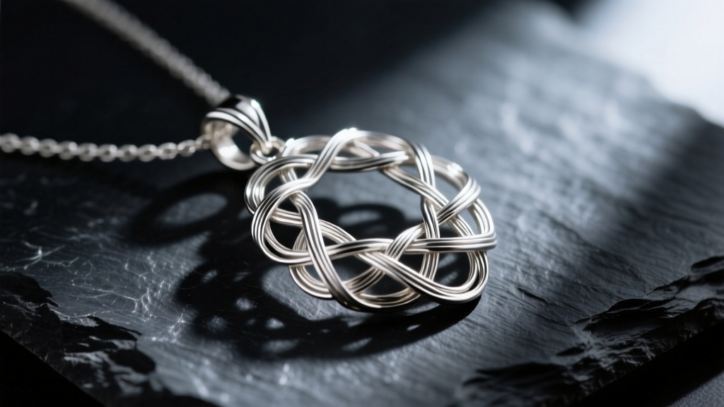 Macro shot of a 925 sterling silver filigree pendant on dark slate, showing intricate wire loops and oxidized backgrounds