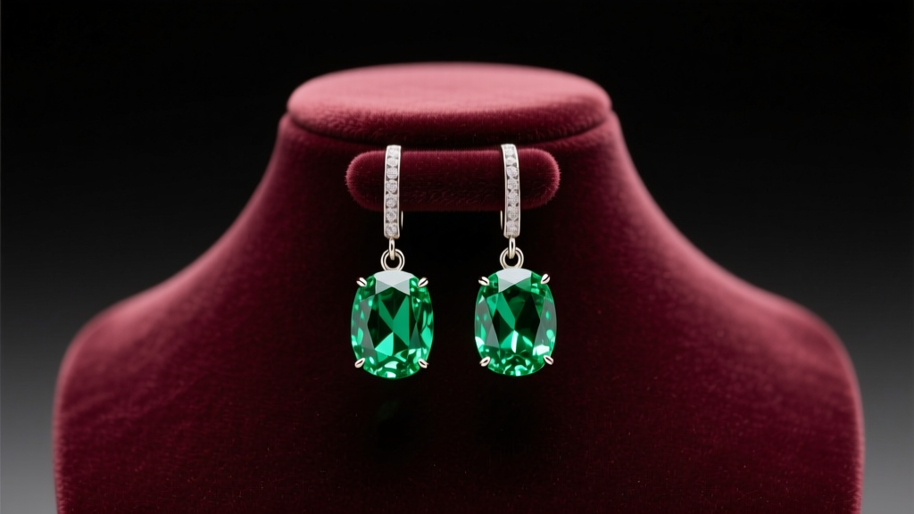 Vibrant green peridot dangle earrings on a velvet bust, lit by soft studio lighting to highlight gemstone facet reflections
