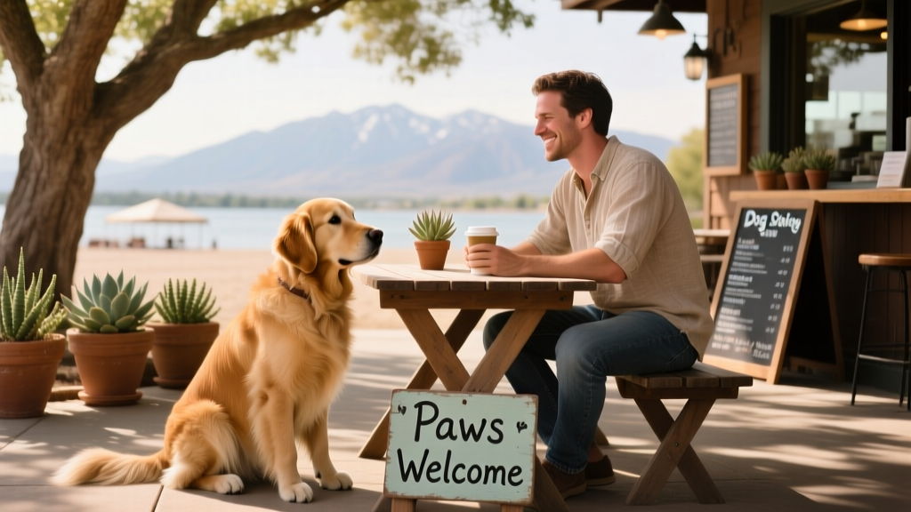 A dog sitting calmly beside their owner at a dog-friendly outdoor restaurant table
