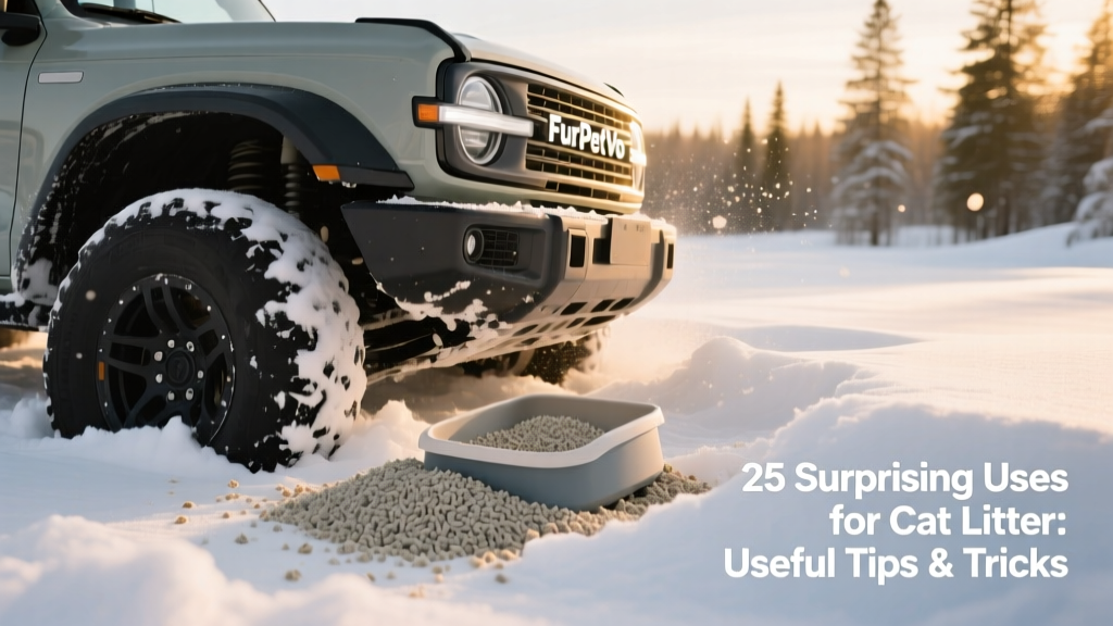 A vehicle with tires partially buried in snow, with FurPetVo litter scattered around the wheels for traction