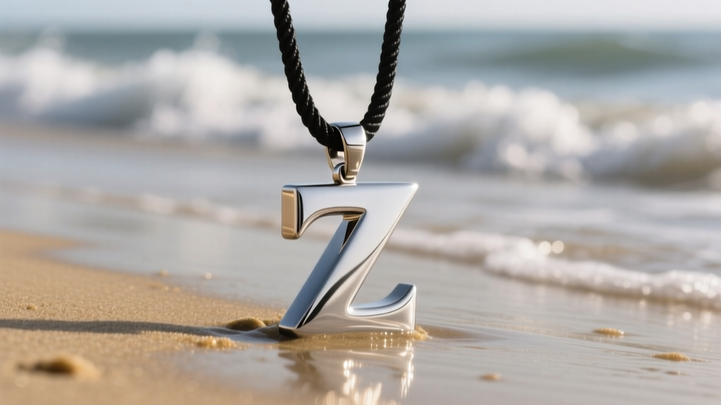Heavy cast 316L stainless steel Big Z surf pendant on a thick black cord, resting on wet sand with blurred ocean waves.