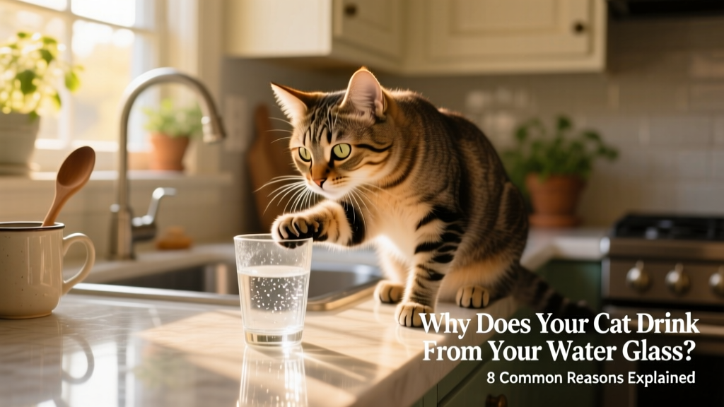 A curious cat gently dipping its paw into a human's water glass on a kitchen counter