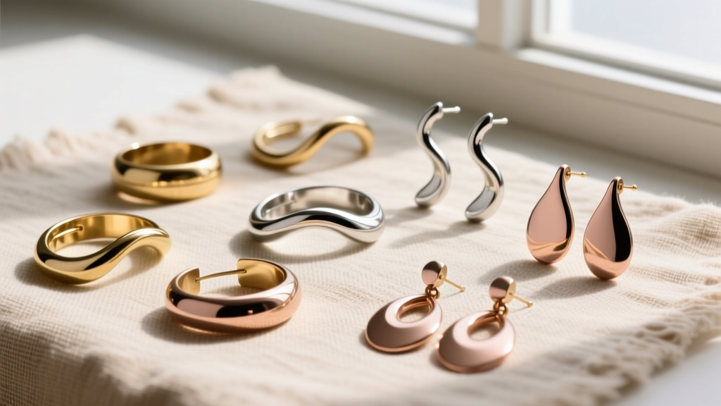A flat lay of various squiggle ear cuffs and wavy drop earrings in mixed metals, arranged on a textured beige linen background.