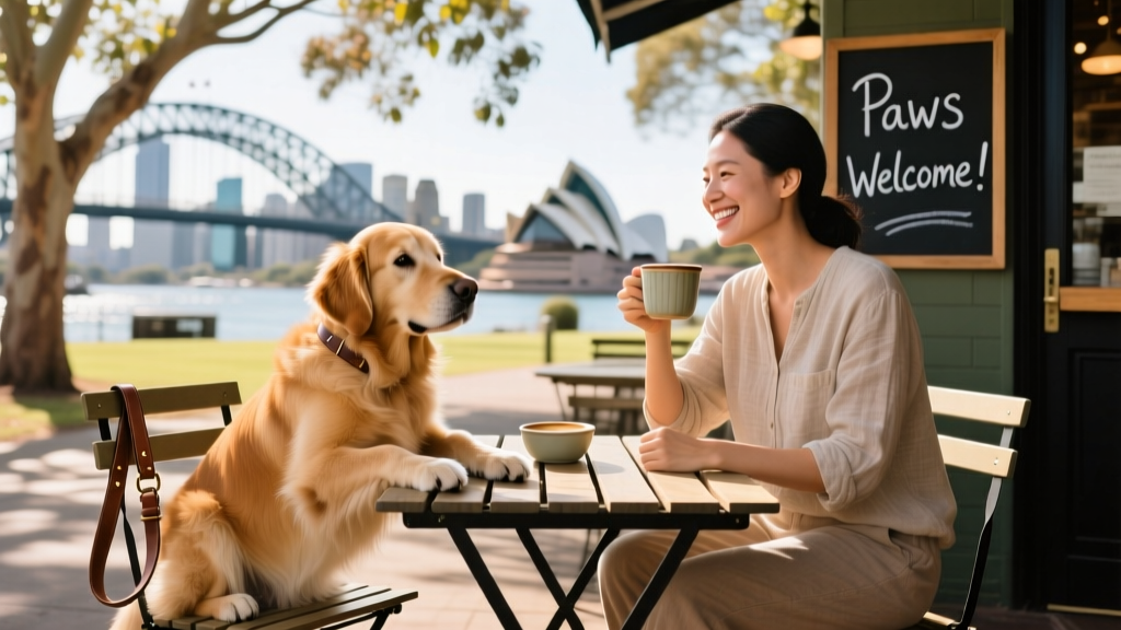 A dog sitting comfortably at an outdoor café table while its owner enjoys coffee