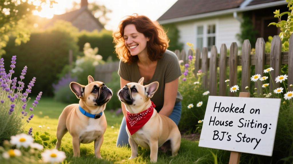 BJ smiling beside two French Bulldogs in a sunlit garden