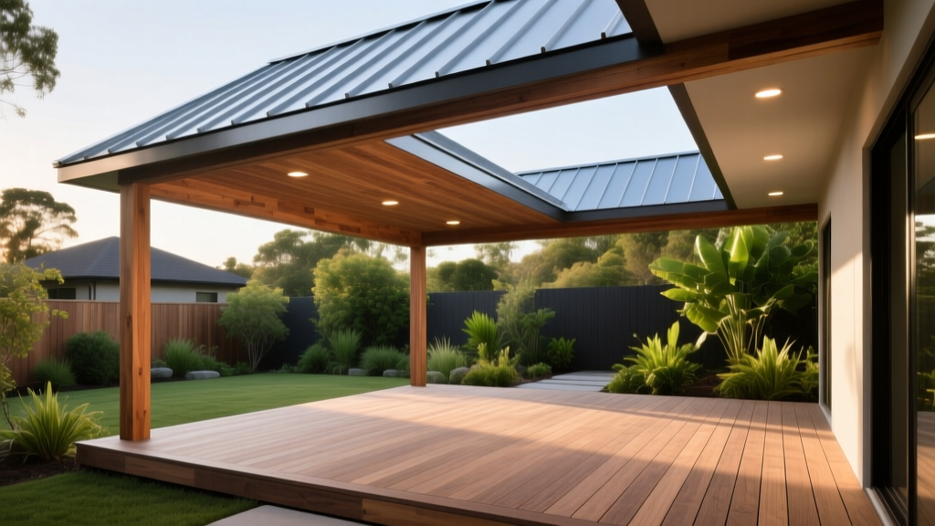 Cedar-framed covered patio with standing seam metal roof, recessed lighting, and composite decking in a modern backyard setting