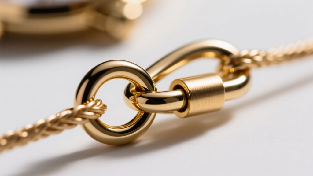 Macro view of a gold-tone lobster clasp on a 2mm cable chain, showing the jump ring connection and brushed metal finish.