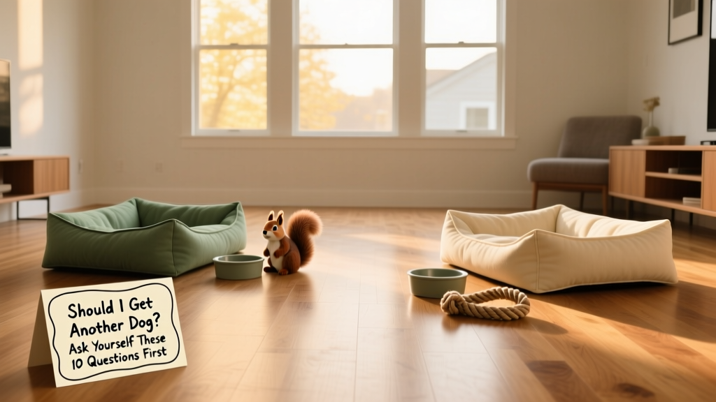 A tidy, spacious living area with two separate dog beds, water bowls, and toys arranged thoughtfully to avoid overlap or competition