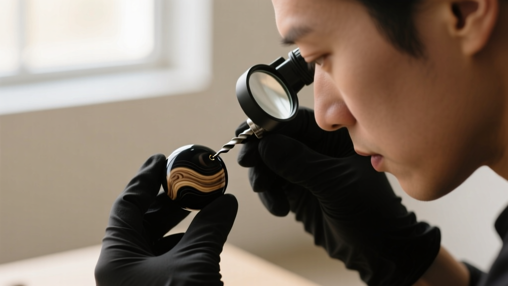 A jeweler using a 10x triplet loupe to inspect the drill hole of a vintage jet bead for hidden organic wood grain patterns.