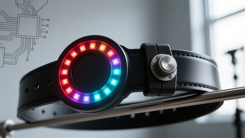 Close-up of a custom 3D-printed anime henshin belt featuring a circular WS2812B NeoPixel ring and a tactile mechanical switch