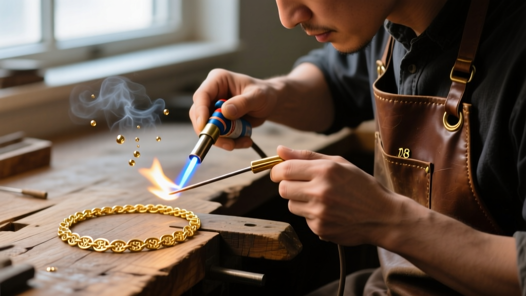 Over-the-shoulder view of an artisan soldering an 18k gold chain necklace at a wooden workbench using a small butane torch flame.