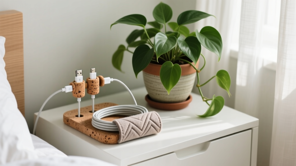 Neatly organized bedside charging station using natural cork cable clips and a recycled PET felt cord sleeve next to a potted pothos plant.