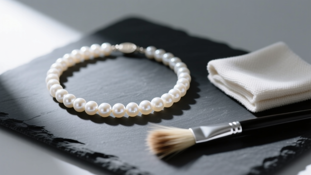 White coin pearl necklace on dark slate next to a pH-neutral microfiber polishing cloth and a soft horsehair cleaning brush