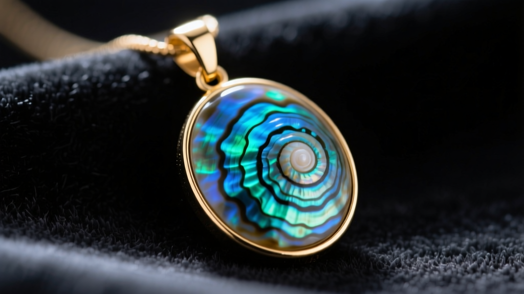 Macro shot of a paua shell pendant with blue and green striations, set in a 14k gold vermeil bezel on a dark velvet backdrop.