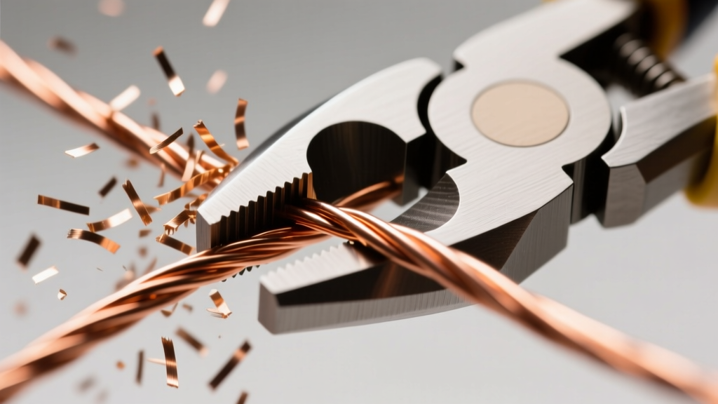 Close-up of mid-range flush cutters snipping 20-gauge bare copper wire, showing metal shavings under bright studio lighting