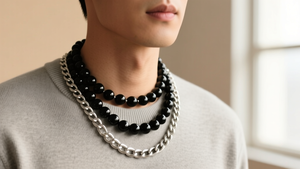 Layered necklaces featuring a 20-inch black spinel bead necklace and a silver Cuban link chain on a man, studio lighting, 85mm lens.
